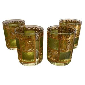Vintage MCM Culver Prado Green Shot Glasses Lot Of 4 Signed 22k Gold Mid Century